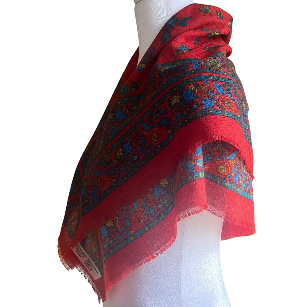 Vintage Made in Italy Red Floral Paisley Square Scarf Fringed 31x31